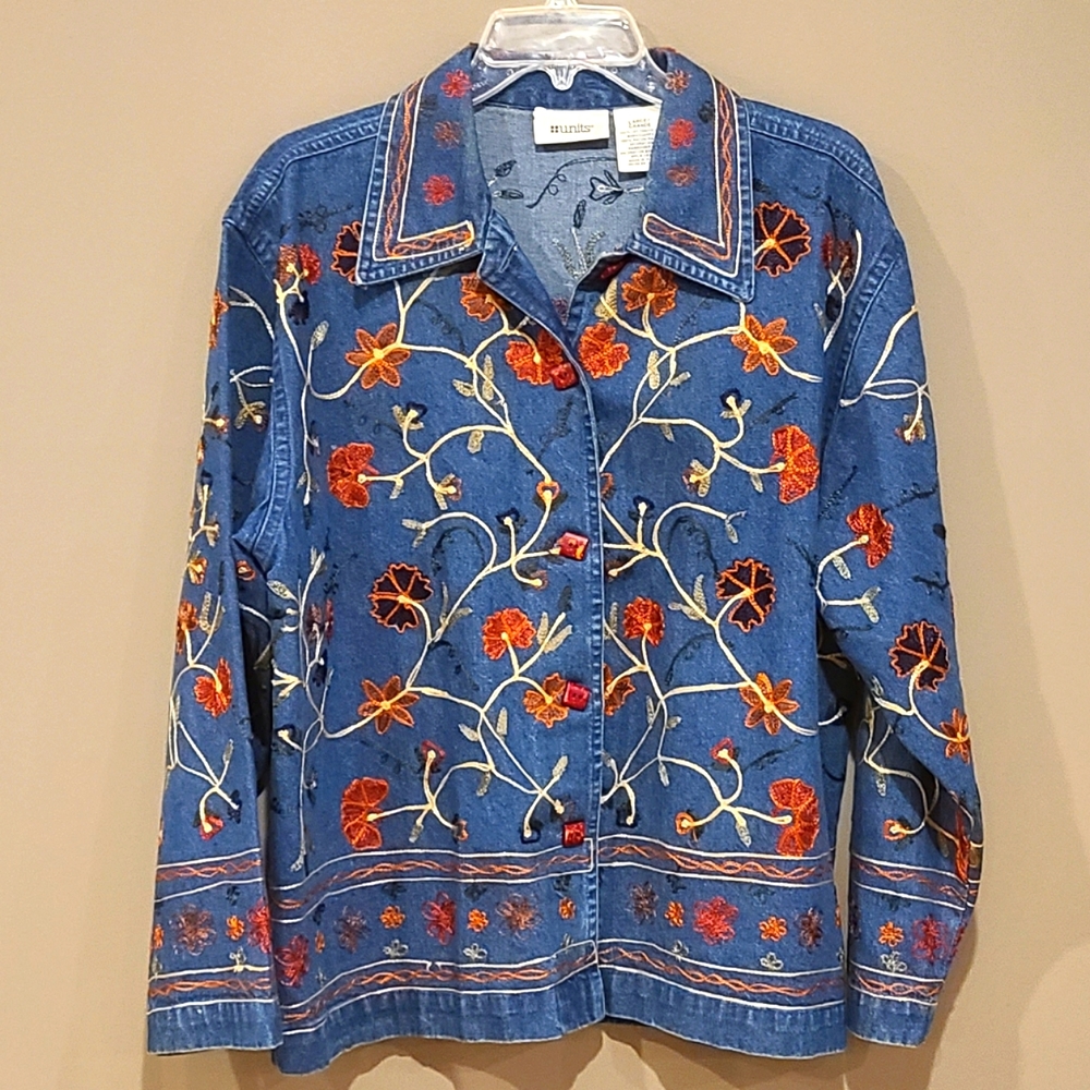 Vintage 90s Autumn Leaf/Flower Embroidered Jean Denim Jacket Large